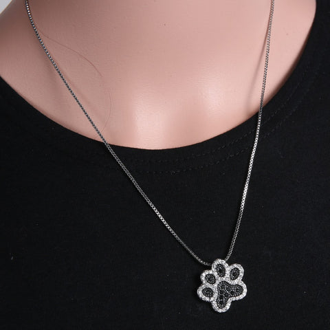 Silver Plated Black and White crystal Rhinestone Dog Paw Pendant Necklace