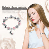 Silver Pink Lovely Dog Heart & Flower Charm Bracelet
