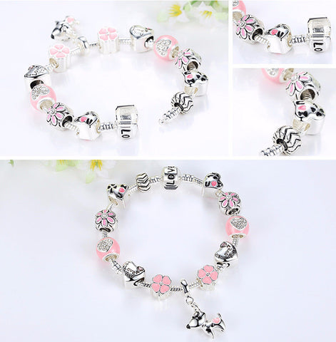 Silver Pink Lovely Dog Heart & Flower Charm Bracelet