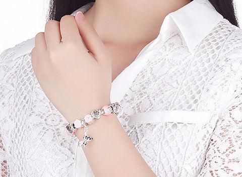 Silver Pink Lovely Dog Heart & Flower Charm Bracelet